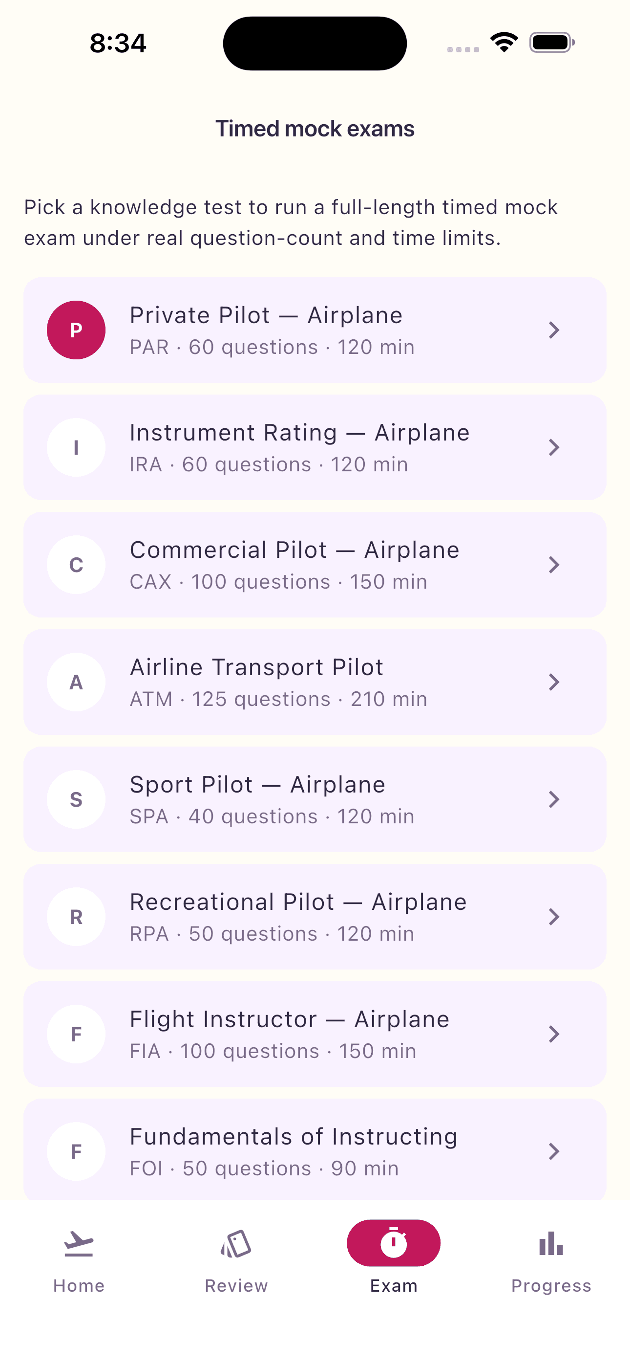The timed mock exam list showing each FAA test with its real question count and time limit