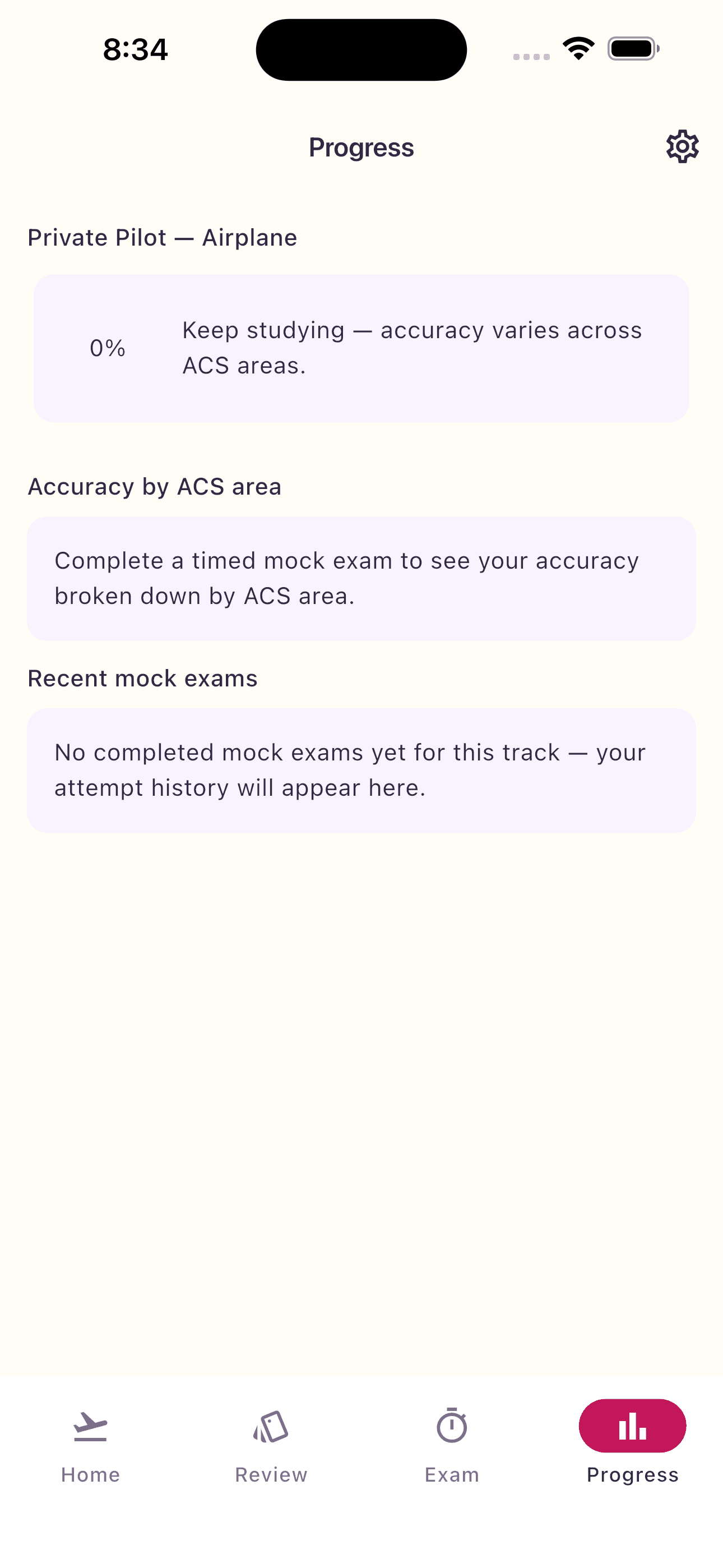 The progress screen breaking accuracy down by ACS area with recent mock exam history