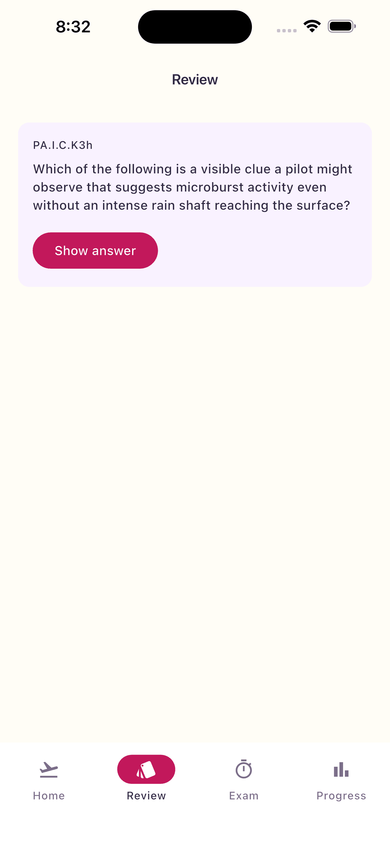 A review flashcard asking a weather-recognition question, labeled with its ACS code